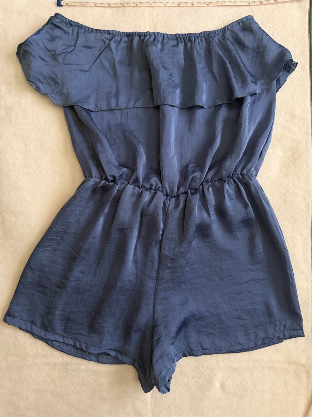 Off-Shoulder Blue Romper with Ruffle Yoke - Picture 5 of 8